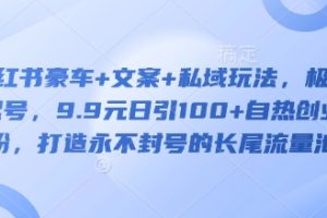 小红书豪车+文案+私域玩法，极速起号，9.9元日引100+自热创业粉，打造永不封号的长尾流量池