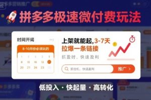 8月26号拼多多极速微付费玩法，8-10月份必须玩的，上架就能起，3-7天拉爆一条链接