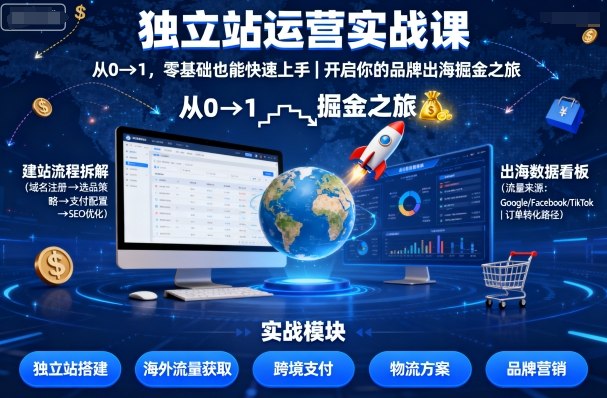 独立站运营实战课，从0到1，零基础也能快速上手，开启你的品牌出海掘金之旅